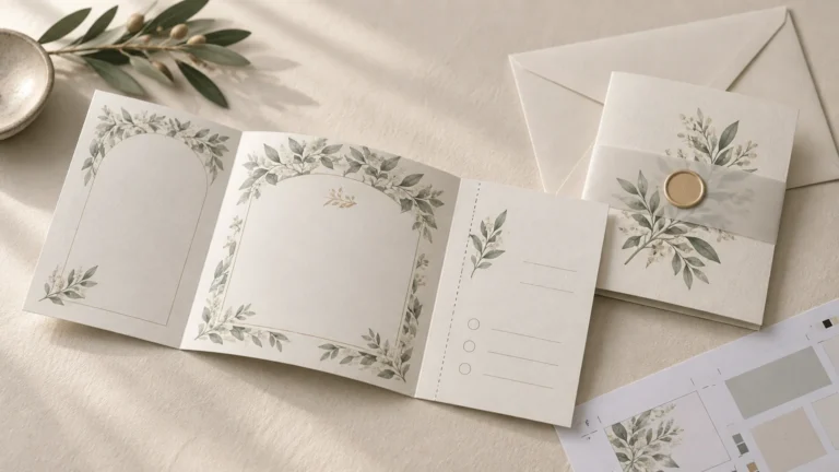 Elegant blank all-in-one wedding invitation opened beside a matching envelope wrapped in vellum with a gold wax seal, featuring soft green botanical illustrations and a small RSVP-style panel.