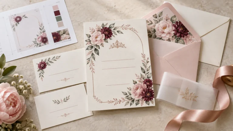 Overhead editorial arrangement of a blush floral invitation suite with blank lined cards, a pink envelope with floral liner, a proof sheet with color swatches, vellum wrap, and satin ribbon on a pale stone surface.