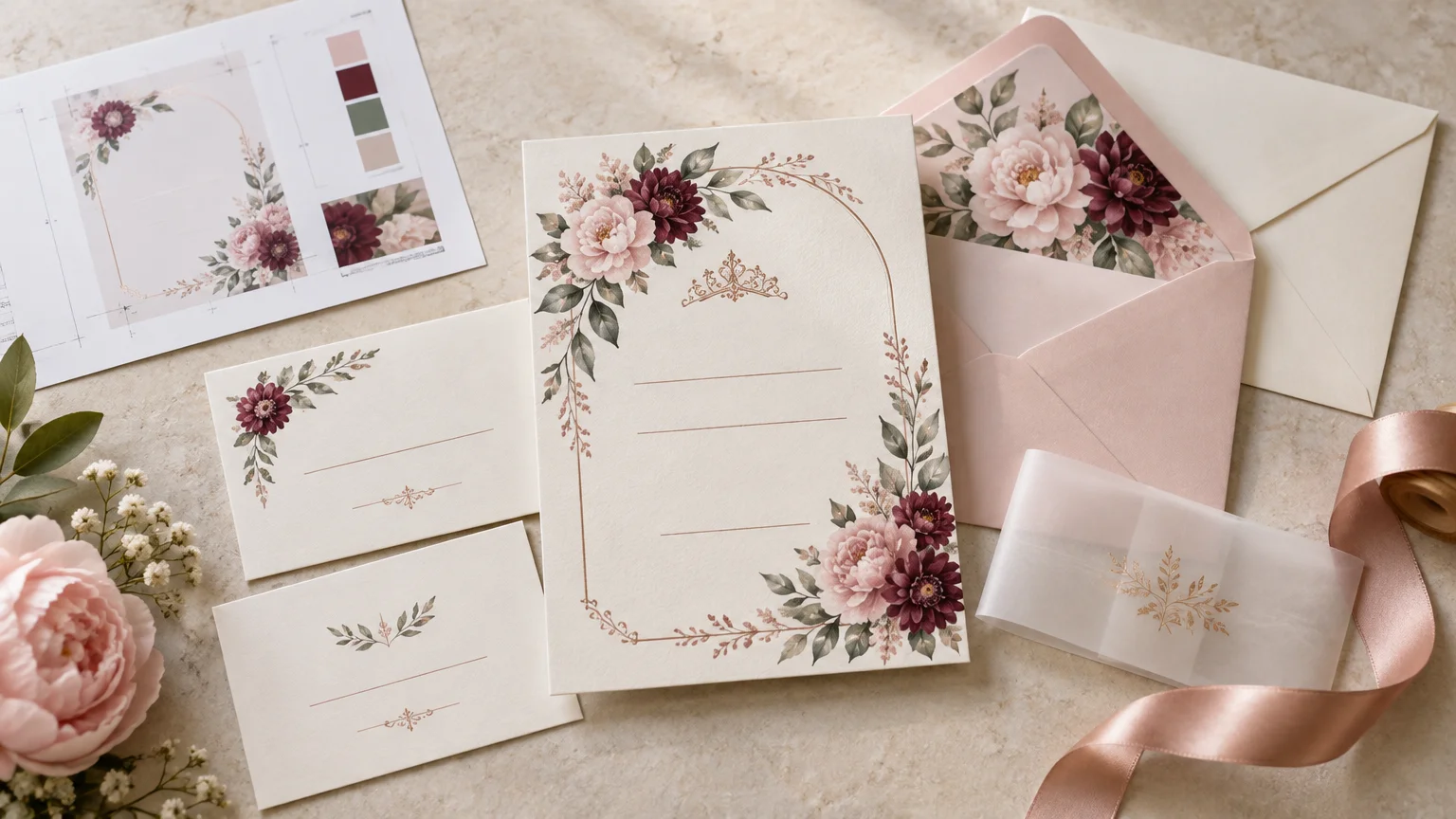 Overhead editorial arrangement of a blush floral invitation suite with blank lined cards, a pink envelope with floral liner, a proof sheet with color swatches, vellum wrap, and satin ribbon on a pale stone surface.