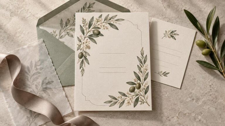 Overhead editorial photograph of a cream invitation card with olive branch and small white blossom illustrations, blank ruled layout areas, a matching details card, translucent vellum, sage envelope, taupe satin ribbon, and fresh olive sprigs on a stone surface.