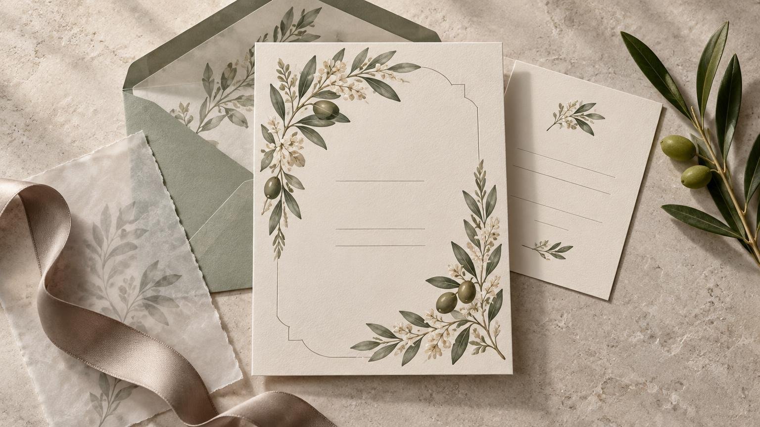 Overhead editorial photograph of a cream invitation card with olive branch and small white blossom illustrations, blank ruled layout areas, a matching details card, translucent vellum, sage envelope, taupe satin ribbon, and fresh olive sprigs on a stone surface.