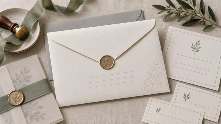 Overhead editorial arrangement of ivory wedding envelopes and blank reply cards on textured linen, with sage-green ribbon, translucent vellum, olive sprigs, and gold wax seals embossed with a leafy botanical motif.