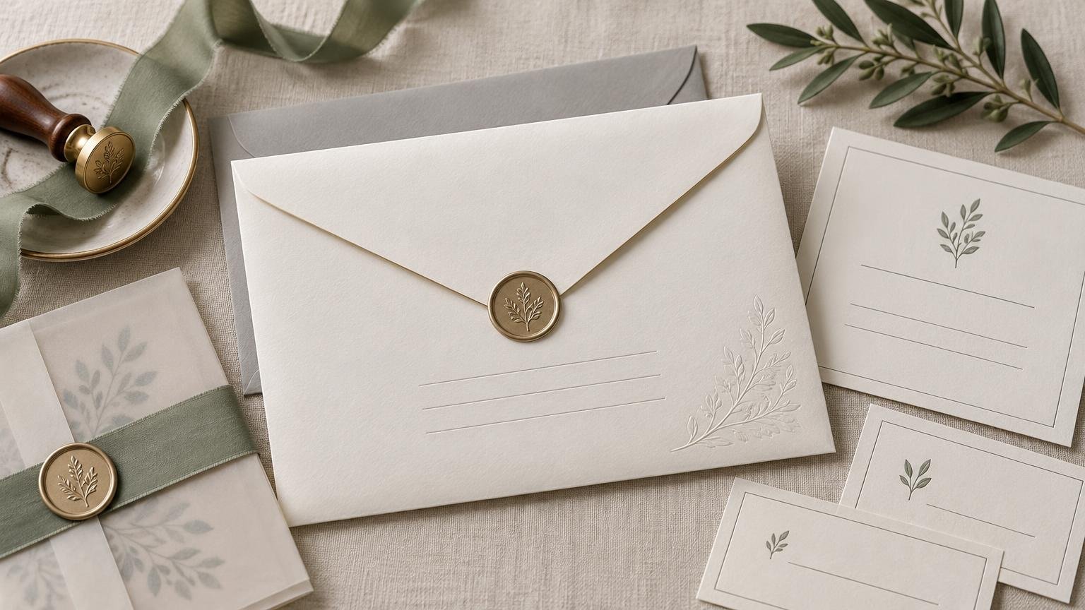 Overhead editorial arrangement of ivory wedding envelopes and blank reply cards on textured linen, with sage-green ribbon, translucent vellum, olive sprigs, and gold wax seals embossed with a leafy botanical motif.