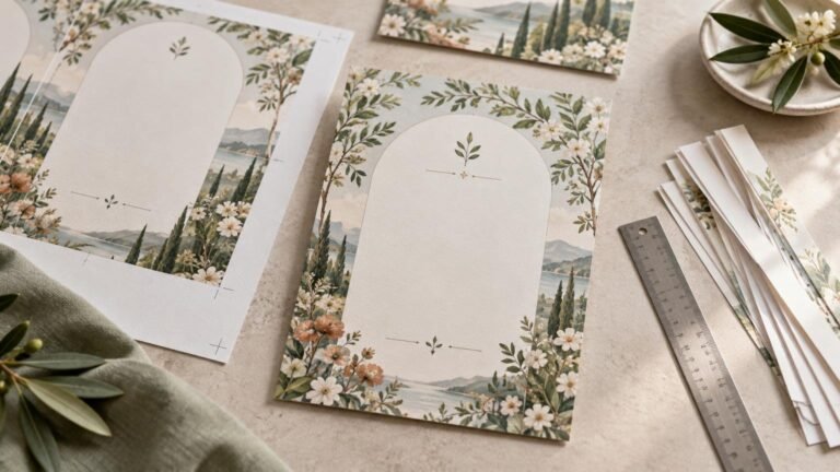 Overhead editorial photograph of floral landscape invitation cards and a proof sheet with crop marks beside a metal ruler, trimmed paper strips, olive branches, and a folded green cloth on a pale stone surface.