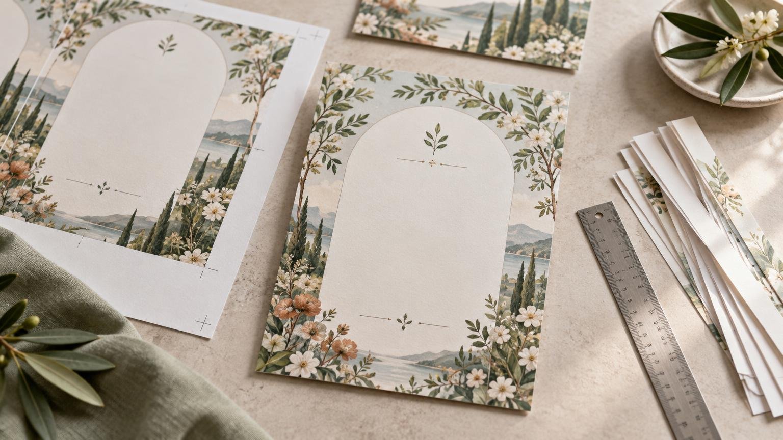 Overhead editorial photograph of floral landscape invitation cards and a proof sheet with crop marks beside a metal ruler, trimmed paper strips, olive branches, and a folded green cloth on a pale stone surface.