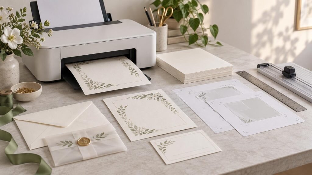 Sunlit tabletop invitation-printing workspace with a white home printer producing a floral-bordered card, blank cardstock stacks, proof sheets with crop marks, a paper trimmer, ruler, envelopes, vellum-wrapped stationery with a gold wax seal, green ribbon, and scissors.