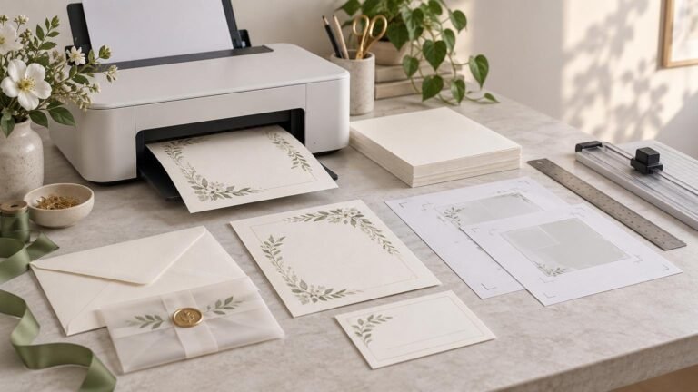 Sunlit tabletop invitation-printing workspace with a white home printer producing a floral-bordered card, blank cardstock stacks, proof sheets with crop marks, a paper trimmer, ruler, envelopes, vellum-wrapped stationery with a gold wax seal, green ribbon, and scissors.