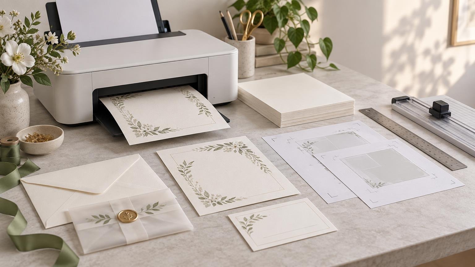 Sunlit tabletop invitation-printing workspace with a white home printer producing a floral-bordered card, blank cardstock stacks, proof sheets with crop marks, a paper trimmer, ruler, envelopes, vellum-wrapped stationery with a gold wax seal, green ribbon, and scissors.