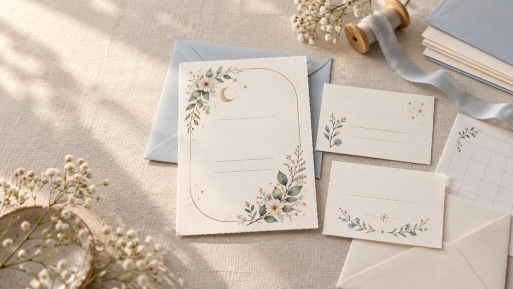 Softly lit flat lay of a floral baby shower invitation suite with blank cards, pale blue and cream envelopes, ribbon on a wooden spool, small white flowers, and a partially visible calendar sheet.
