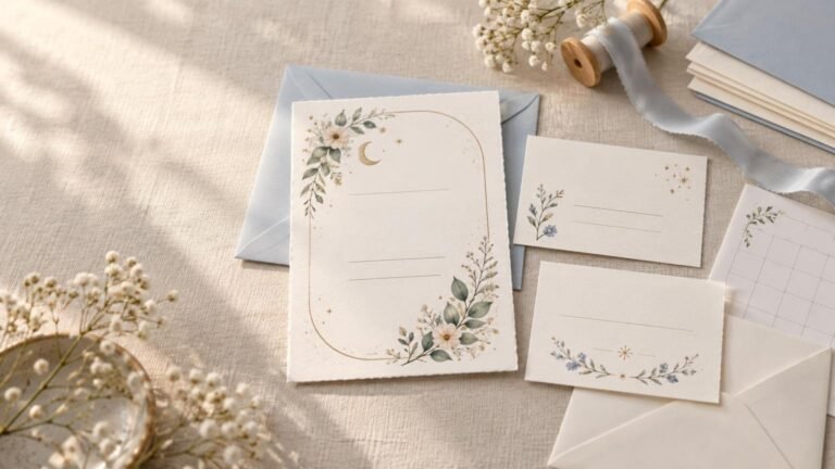 Softly lit flat lay of a floral baby shower invitation suite with blank cards, pale blue and cream envelopes, ribbon on a wooden spool, small white flowers, and a partially visible calendar sheet.