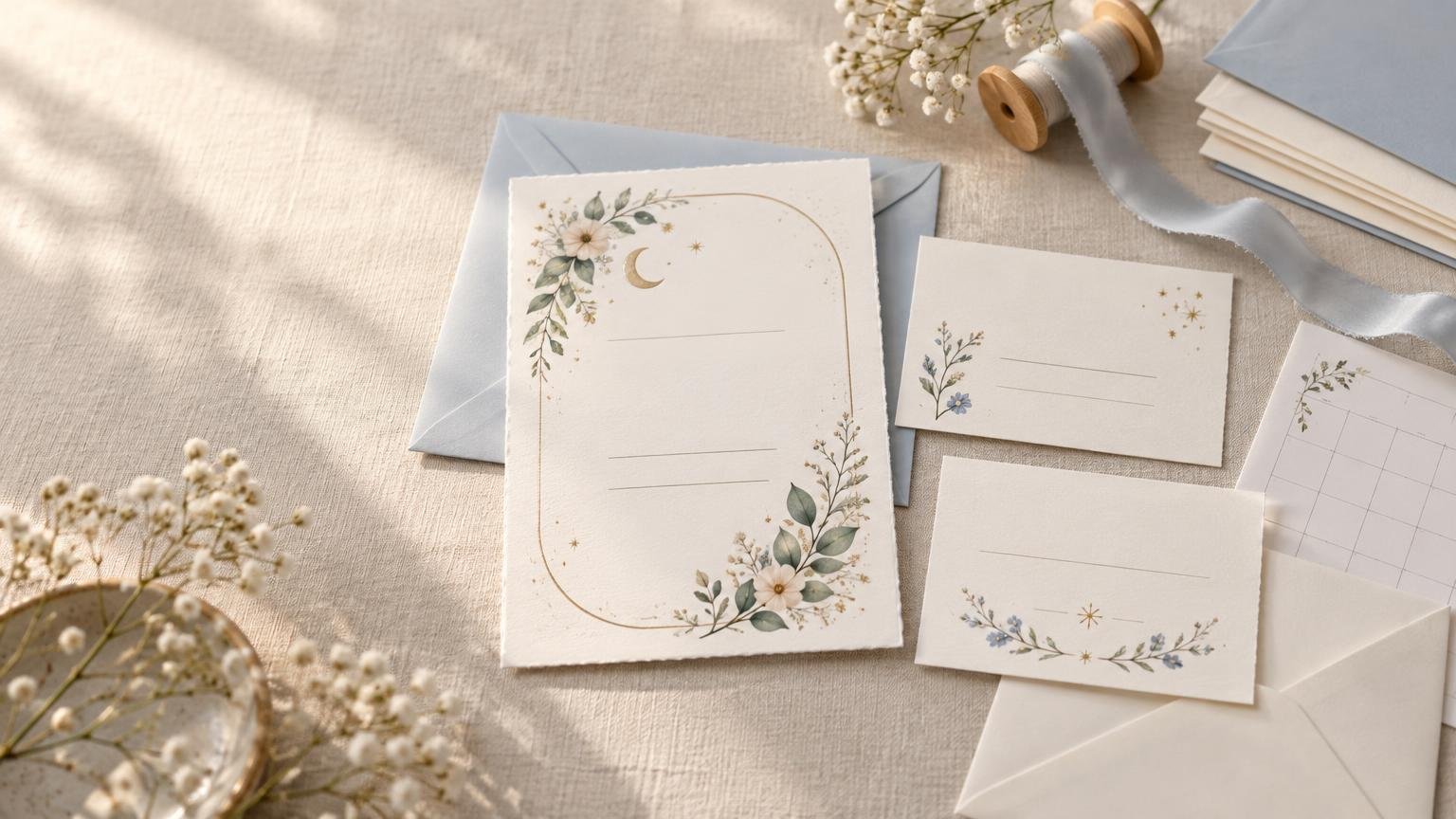 Softly lit flat lay of a floral baby shower invitation suite with blank cards, pale blue and cream envelopes, ribbon on a wooden spool, small white flowers, and a partially visible calendar sheet.