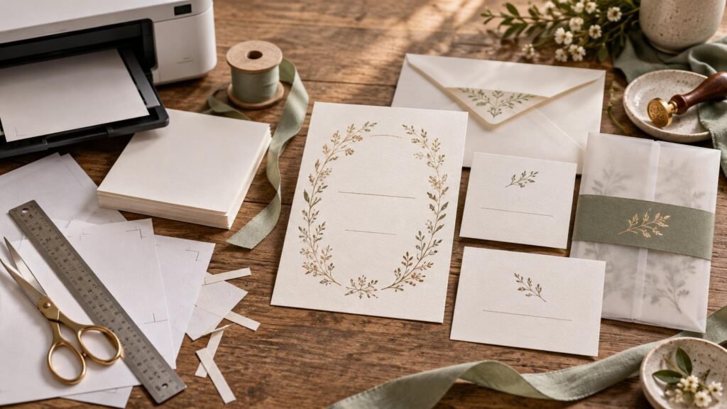 Wedding invitation assembly workspace with blank floral stationery, envelopes, vellum wraps, green ribbon, a home printer, scissors, ruler, and wax seal on a wooden table.