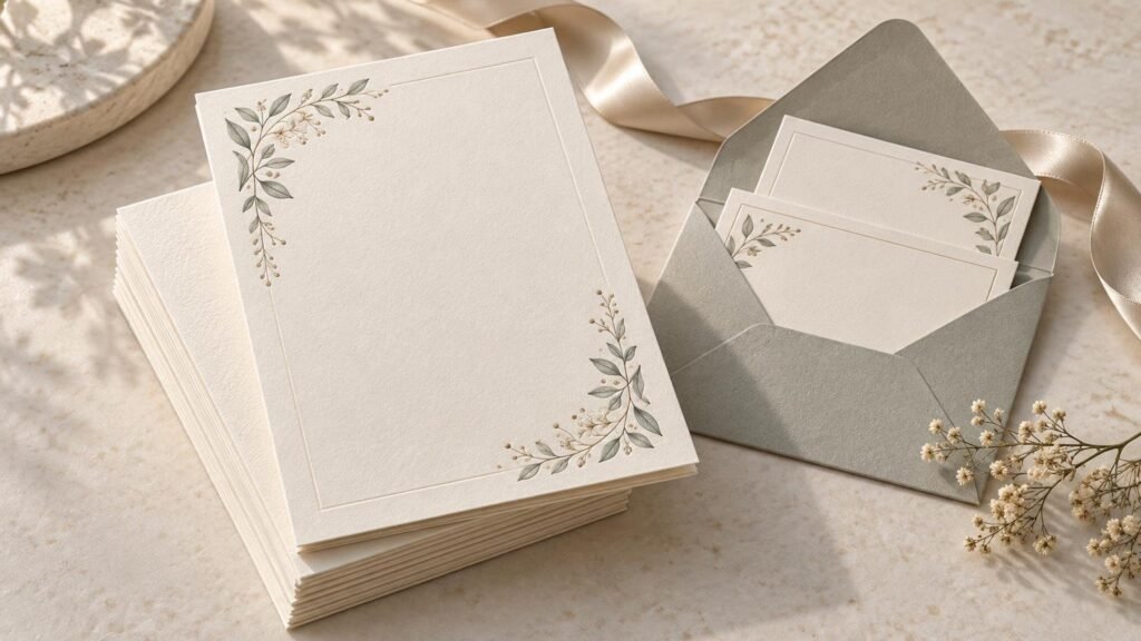 Elegant blank cream wedding invitation cards with delicate green botanical corner motifs, stacked beside a matching open envelope and satin ribbon on a pale stone surface.