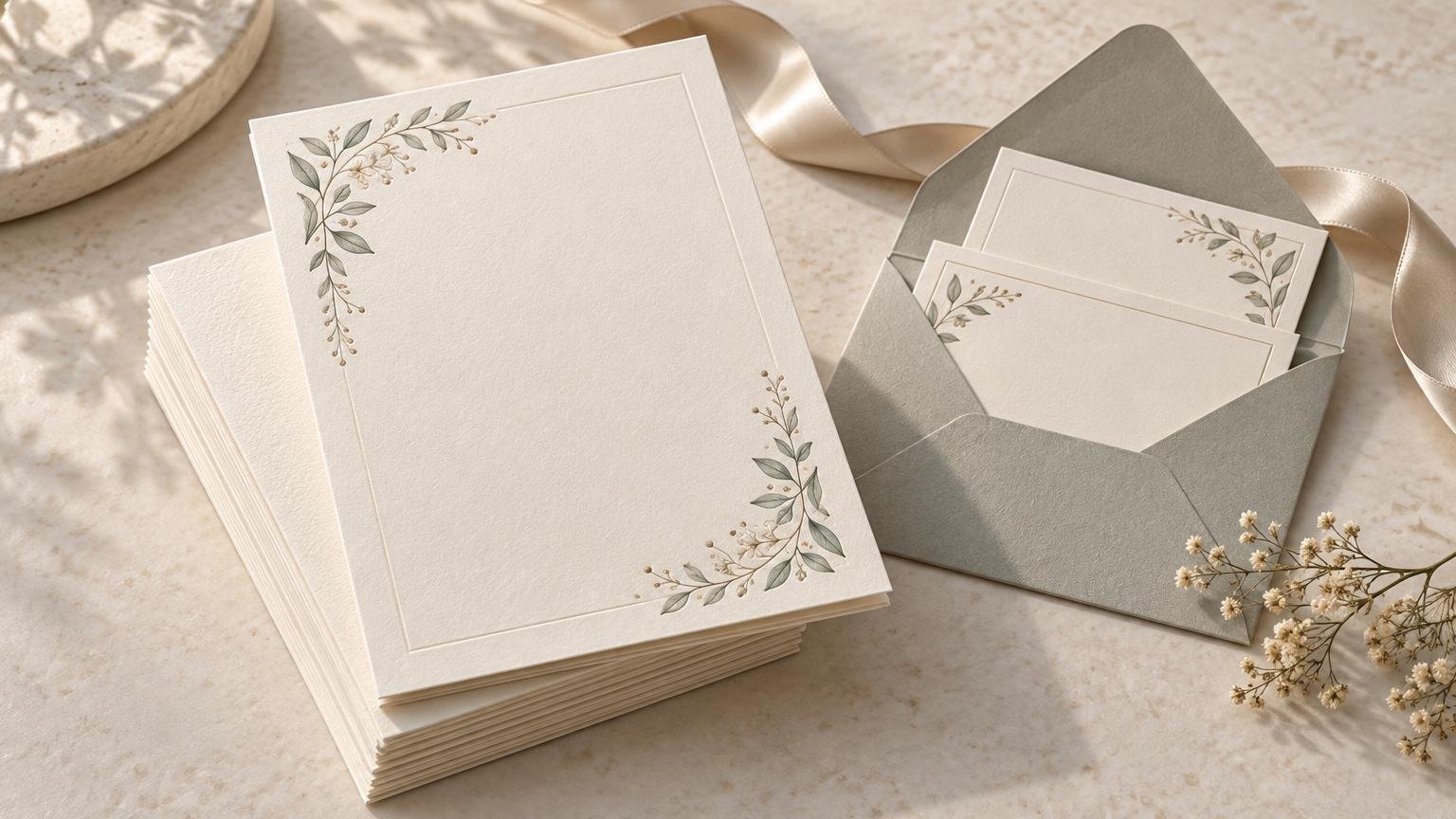 Elegant blank cream wedding invitation cards with delicate green botanical corner motifs, stacked beside a matching open envelope and satin ribbon on a pale stone surface.
