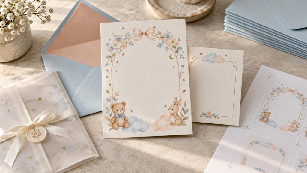 Pastel blue and blush invitation suite with blank illustrated cards, envelopes, vellum wrap, ribbon seal, floral motifs, teddy bear and bunny artwork, and a printed proof sheet on a stone surface.