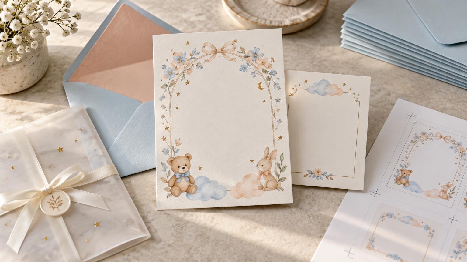 Pastel blue and blush invitation suite with blank illustrated cards, envelopes, vellum wrap, ribbon seal, floral motifs, teddy bear and bunny artwork, and a printed proof sheet on a stone surface.
