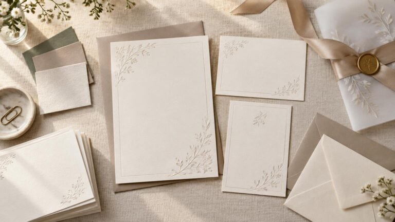Overhead editorial photograph of blank cream wedding invitation cards with embossed botanical corners, matching envelopes, vellum wrap, satin ribbon with a botanical wax seal, paper swatches, and small white flowers on textured linen.