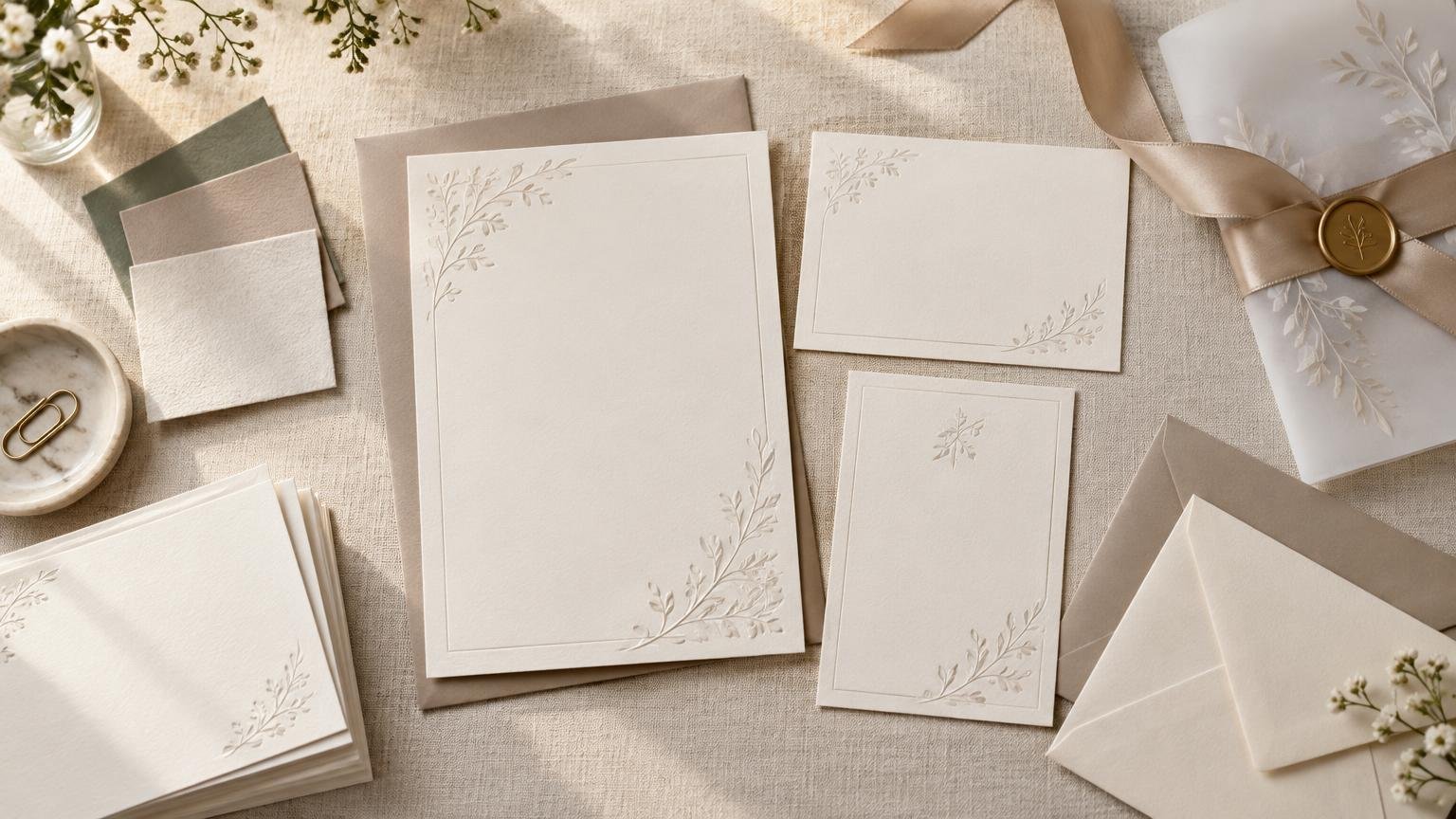 Overhead editorial photograph of blank cream wedding invitation cards with embossed botanical corners, matching envelopes, vellum wrap, satin ribbon with a botanical wax seal, paper swatches, and small white flowers on textured linen.