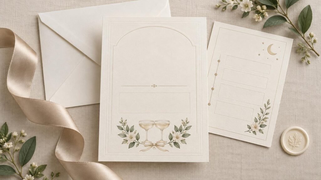 Elegant cream wedding invitation suite on textured linen, with a blank arched invitation card, a blank response-style card decorated with a crescent moon and stars, a large envelope, champagne-colored ribbon, floral sprigs, and a leaf-impressed wax seal.