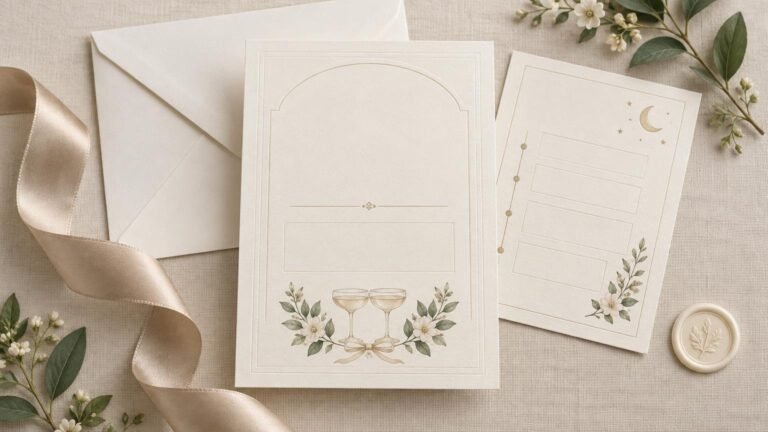 Elegant cream wedding invitation suite on textured linen, with a blank arched invitation card, a blank response-style card decorated with a crescent moon and stars, a large envelope, champagne-colored ribbon, floral sprigs, and a leaf-impressed wax seal.