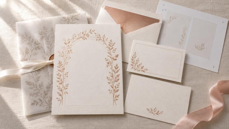 Overhead editorial arrangement of ivory wedding stationery with rose-gold botanical borders, a lined envelope with rose-gold interior, translucent vellum wrap tied with ivory ribbon, small cards, proof sheets, and a blush satin ribbon on textured neutral fabric.