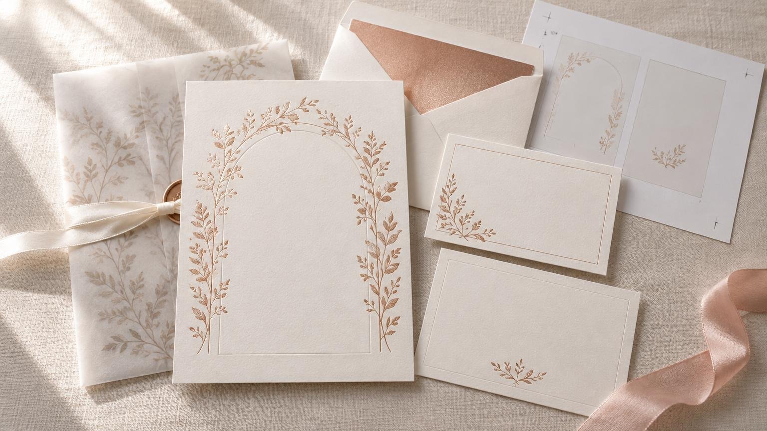 Overhead editorial arrangement of ivory wedding stationery with rose-gold botanical borders, a lined envelope with rose-gold interior, translucent vellum wrap tied with ivory ribbon, small cards, proof sheets, and a blush satin ribbon on textured neutral fabric.