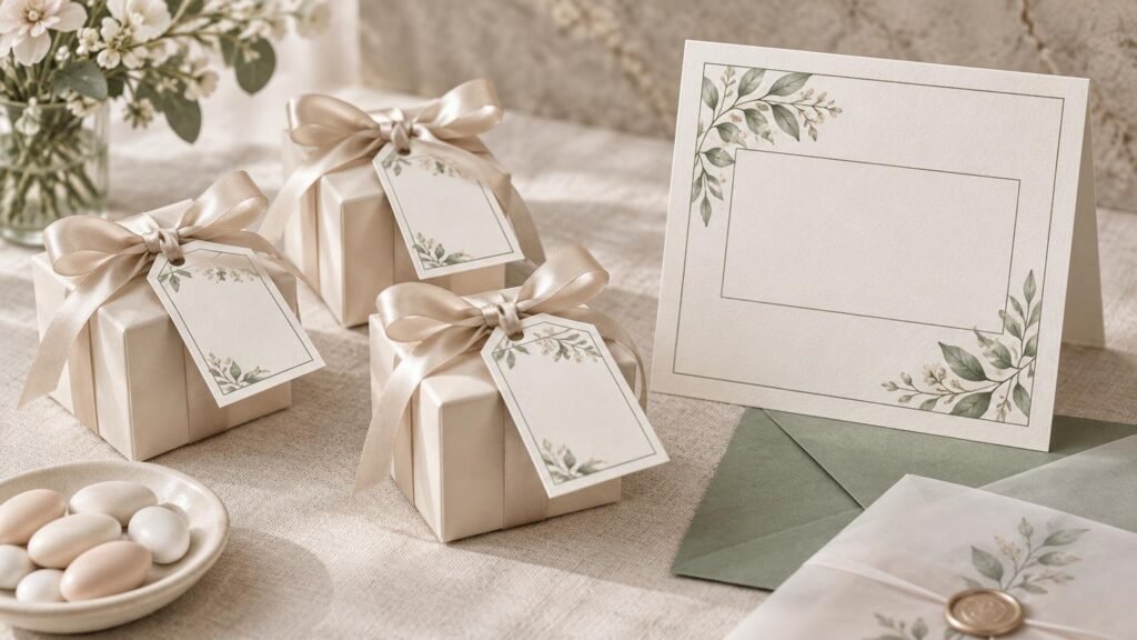Elegant wedding favor display with three cream gift boxes tied in satin bows and floral tags, a blank botanical-bordered card, sage envelopes, a wax-sealed vellum piece, and a small dish of white sugared almonds on linen.