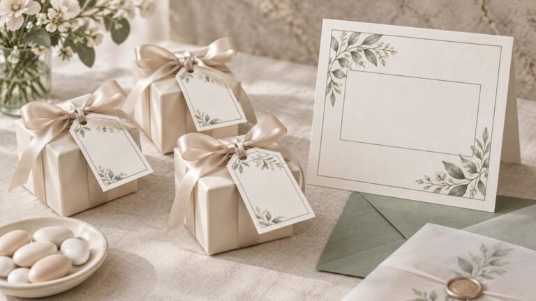 Elegant wedding favor display with three cream gift boxes tied in satin bows and floral tags, a blank botanical-bordered card, sage envelopes, a wax-sealed vellum piece, and a small dish of white sugared almonds on linen.