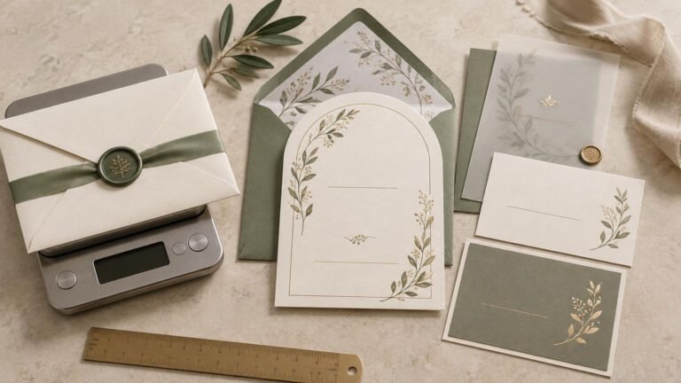 Overhead view of sage green and ivory wedding invitation pieces with botanical illustrations, envelopes, vellum wrap, ribbon and wax seals, arranged beside a digital scale and brass ruler on a stone surface.