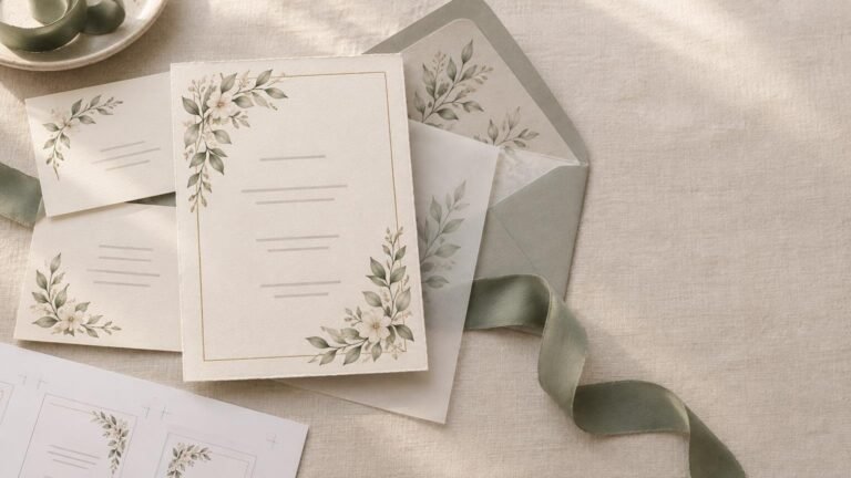 Overhead editorial photograph of a cream wedding invitation suite with soft botanical floral illustrations, blank gray layout lines, matching cards and envelope, vellum insert, sage ribbon, and a cropped proof sheet on textured neutral fabric.