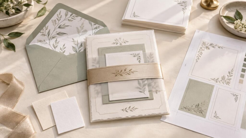 Elegant blank invitation suite with sage-green envelopes, botanical-lined paper, vellum wrap, gold-edged belly band, ribbon, cardstock samples, and a printed layout proof sheet on a cream table.