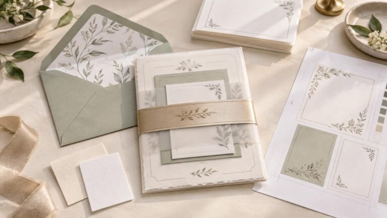 Elegant blank invitation suite with sage-green envelopes, botanical-lined paper, vellum wrap, gold-edged belly band, ribbon, cardstock samples, and a printed layout proof sheet on a cream table.